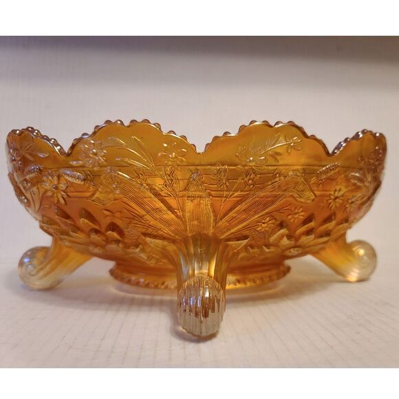 Fenton Waterlily Thistle Cattails Marigold Carnival Glass Footed Bowl - Picture 1 of 10